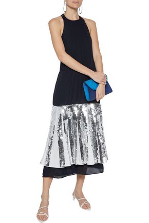 Tibi Pleated Sequin-embellished Poplin And Silk-georgette Midi Dress In Navy