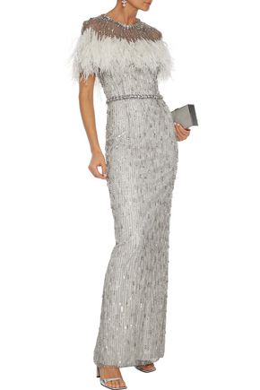 Jenny Packham Feather-trimmed Embellished Tulle Gown In Light Gray