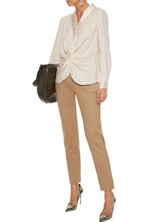 DONNA KARAN SATIN-TRIMMED TWIST-FRONT SILK-BLEND BLOUSE 3074457345621923561