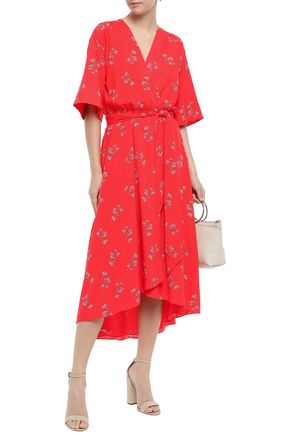 Joie Daymon B Floral-print Crepe De Chine Midi Wrap Dress In Tomato Red