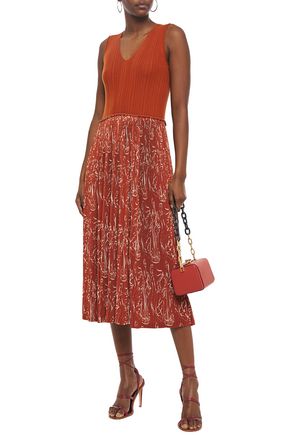 NINA RICCI PRINTED CREPE AND RIBBED WOOL AND SILK-BLEND MIDI DRESS,3074457345621816807