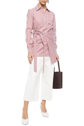 Shop Victoria Beckham Striped Cotton-poplin Wrap Shirt In Claret