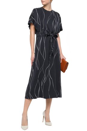 EQUIPMENT CHEMELLE BOW-DETAILED PRINTED WASHED SILK-BLEND MIDI DRESS,3074457345622292167