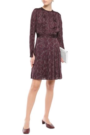 Equipment Pleated Printed Satin Mini Dress In Burgundy