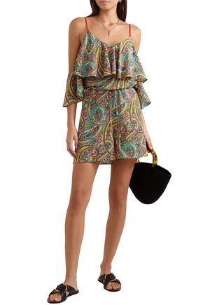 Etro Cold-shoulder Ruffled Printed Silk Crepe De Chine Playsuit In Blue