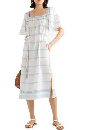 Click to view more detailed imagery on our partner's website Tory Burch Belted Embroidered Linen And Cotton-blend Gauze Midi Dress In Ivory