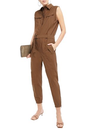 Brunello Cucinelli Woman Cropped Belted Crinkled Cotton-blend Jumpsuit Chocolate