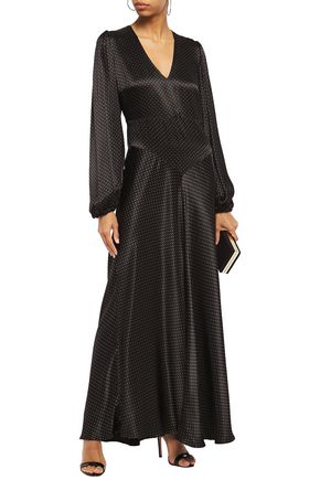 Ganni Polka-dot Hammered-satin Maxi Dress In Black