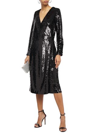 Shop Ganni Sonora Sequined Tulle Midi Wrap Dress In Black