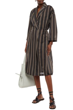 BRUNELLO CUCINELLI BEAD-EMBELLISHED STRIPED COTTON AND SILK-BLEND WRAP DRESS,3074457345621930171