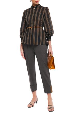 BRUNELLO CUCINELLI BELTED BEAD-EMBELLISHED STRIPED COTTON AND SILK-BLEND SHIRT,3074457345621977171