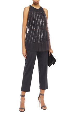 BRUNELLO CUCINELLI GATHERED SEQUIN-EMBELLISHED TULLE BLOUSE,3074457345621929813