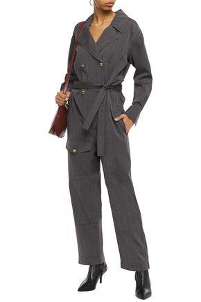 BRUNELLO CUCINELLI DOUBLE-BREASTED BELTED PINSTRIPED WOOL JUMPSUIT,3074457345621932137