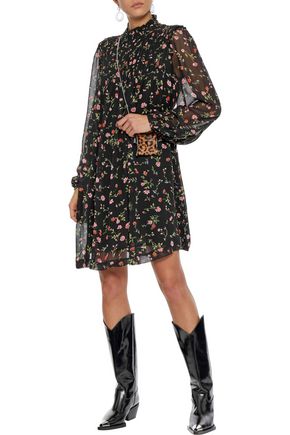 Ganni Elm Pintucked Floral-print Georgette Mini Dress In Black