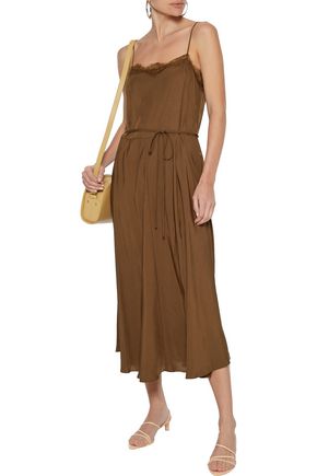 Vince Belted Lace-trimmed Satin-twill Midi Slip Dress In Brown