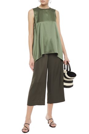 Brunello Cucinelli Bead-embellished Stretch Silk-satin Tank In Army Green