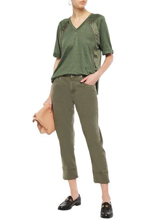 Brunello Cucinelli Satin-trimmed Linen And Silk-blend Jersey T-shirt In Army Green
