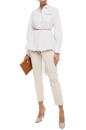 Brunello Cucinelli Belted Bead-embellished Striped Cotton-poplin Shirt In Ivory
