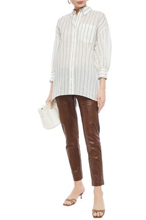 BRUNELLO CUCINELLI BEAD-EMBELLISHED STRIPED COTTON AND SILK-BLEND SHIRT,3074457345621932138