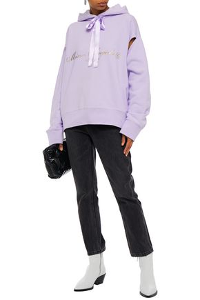 MM6 MAISON MARGIELA SATIN-TRIMMED CUTOUT PRINTED FRENCH COTTON-TERRY HOODIE,3074457345622007634