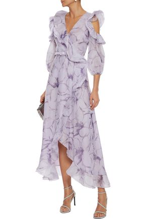 Costarellos Wrap-effect Cold-shoulder Floral-print Organza Midi Dress In Lilac