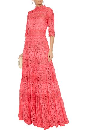 Costarellos Lace-trimmed Broderie Anglaise Cotton-blend Gown In Coral