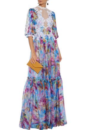 Costarellos Point D'esprit-paneled Appliquéd Printed Silk-chiffon Gown In Multicolor