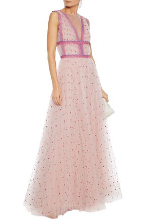 Costarellos Lace-trimmed Gathered Embroidered Tulle Gown In Baby Pink