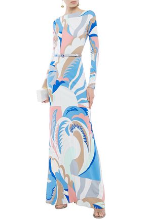 Belted Printed Jersey Maxi Dress In Blue