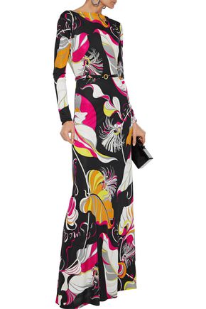 Emilio Pucci Belted Printed Silk-jersey Maxi Dress In Black | ModeSens