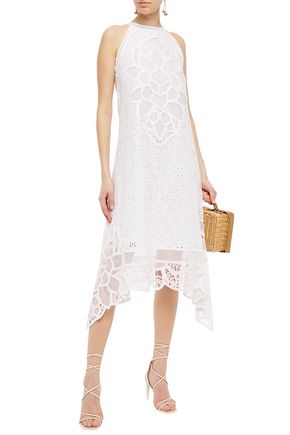 Costarellos Asymmetric Laser-cut Lace-trimmed Broderie Anglaise Midi Dress In White