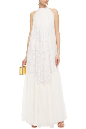 Costarellos Gathered Crochet-trimmed Silk-georgette Gown In White