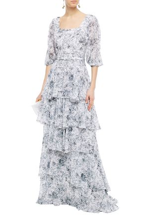 COSTARELLOS TIERED BELTED PRINTED GEORGETTE GOWN,3074457345622049560