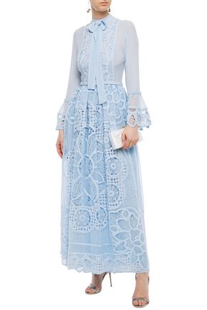 Costarellos Pussy-bow Laser-cut Embroidered Chiffon And Organza Gown In Sky Blue
