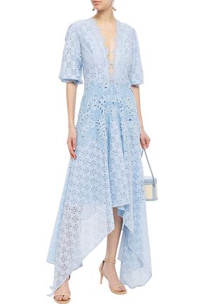 Costarellos Asymmetric Laser-cut Cotton-blend Broderie Anglaise Midi Dress In Sky Blue
