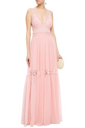 Costarellos Gathered Lace-trimmed Silk-georgette Gown In Baby Pink