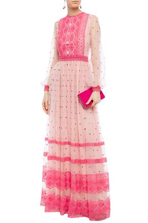 Costarellos Lace-trimmed Embroidered Tulle Gown In Blush