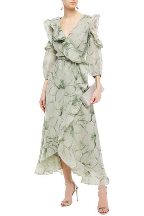 Costarellos Woman Wrap-effect Cold-shoulder Floral-print Organza Midi Dress Light Green