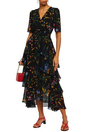 Maje Tiered Wrap-effect Floral-print Georgette Midi Dress In Black |  ModeSens