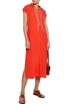 Rag & Bone Dirdre Lace-up Crepe De Chine Hooded Midi Dress In Red
