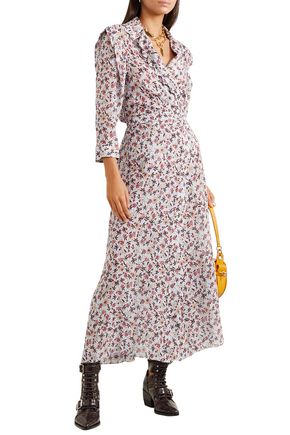 Chloé Scalloped Floral-print Georgette Maxi Wrap Dress In Light Gray