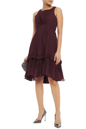 HALSTON RUFFLE-TRIMMED PLEATED VOILE DRESS,3074457345624505675