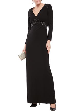 HALSTON EMBELLISHED TULLE-PANELED STRETCH-CREPE GOWN 3074457345622068014