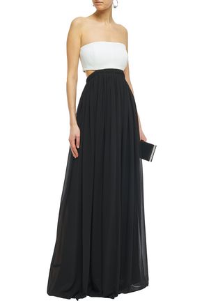 Cinq À Sept Aries Strapless Cutout Crepe-paneled Georgette Gown In Black