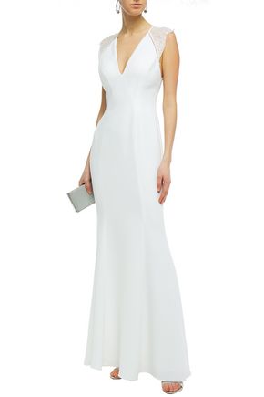 CATHERINE DEANE MELISSA LACE-PANELED LATTICE-TRIMMED CADY GOWN,3074457345622114259