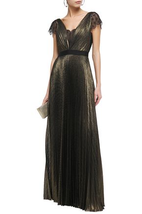 Catherine Deane Novi Lace-trimmed Pleated Lamé Gown In Gold