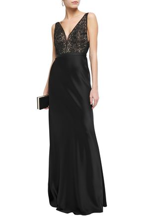 Shop Catherine Deane Mandy Lace-paneled Satin Gown In Black