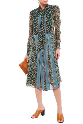 Anna Sui Pussy-bow Printed Georgette And Silk Crepe De Chine Midi Dress In Emerald