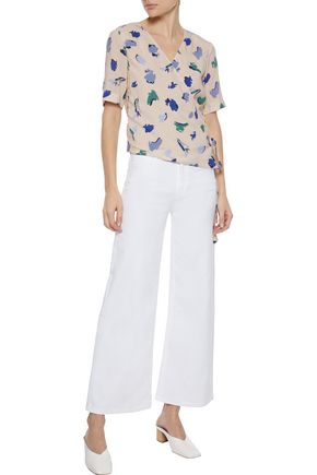 Iris & Ink Ponderosa Printed Crepe De Chine Wrap Top In Cream