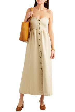 Nanushka Gathered Denim Maxi Dress In Beige